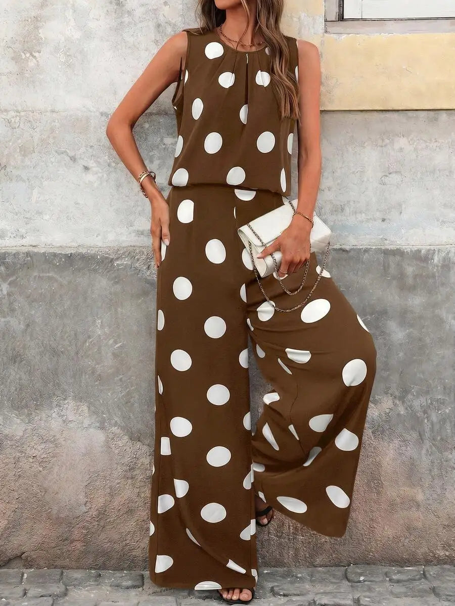 Women's Polka Dot Sleeveless Top and Wide Leg Pants Co-Ord Set