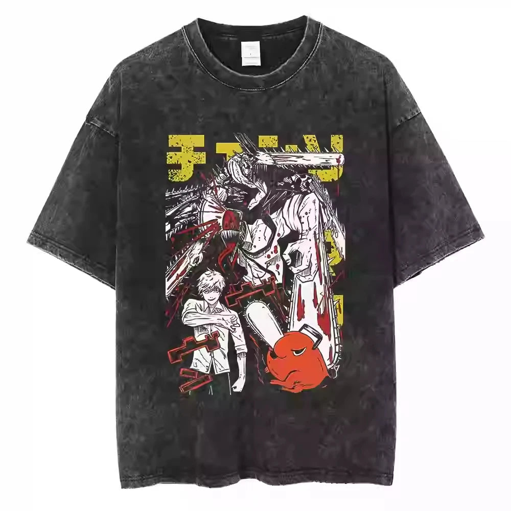 Chaos Devil Anime Graphic Oversized Washed Cotton Streetwear T-Shirt