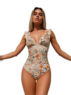 Floral One-Piece Swimsuit with V-Neckline, Ruffle Sleeves and Feminine Shaping-Inspired Beachwear Silhouette