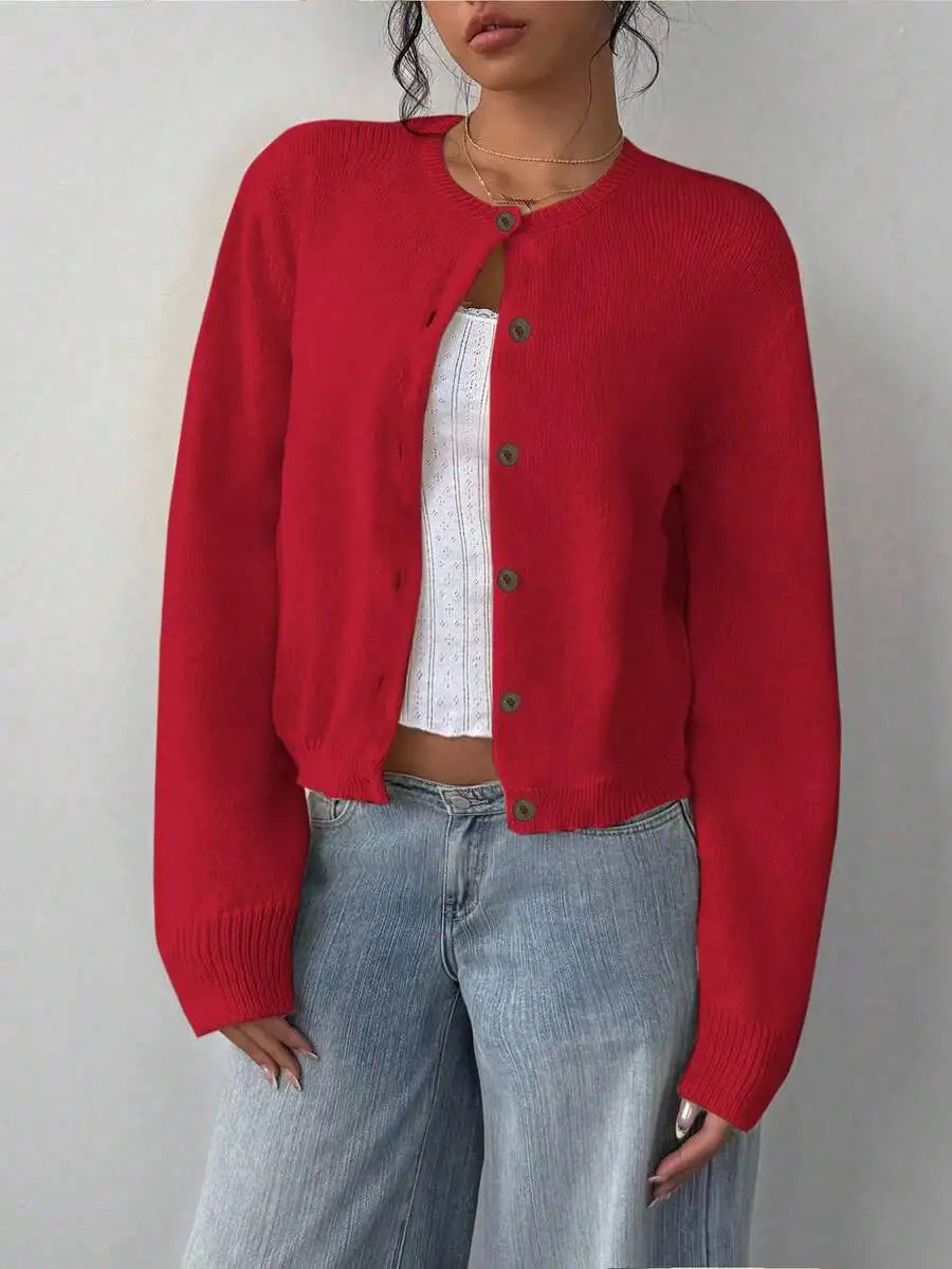 Women's Cropped Crew Neck Button Front Cardigan with Soft Knit Construction