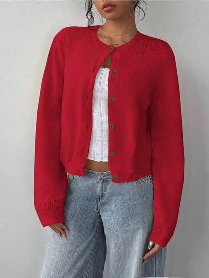 Women's Cropped Crew Neck Button Front Cardigan with Soft Knit Construction