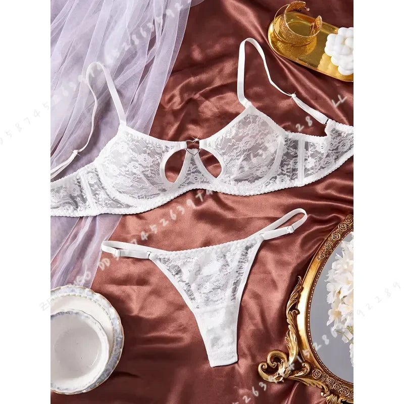 Sheer Black Floral Lace Front-Closure Bra and Thong Set