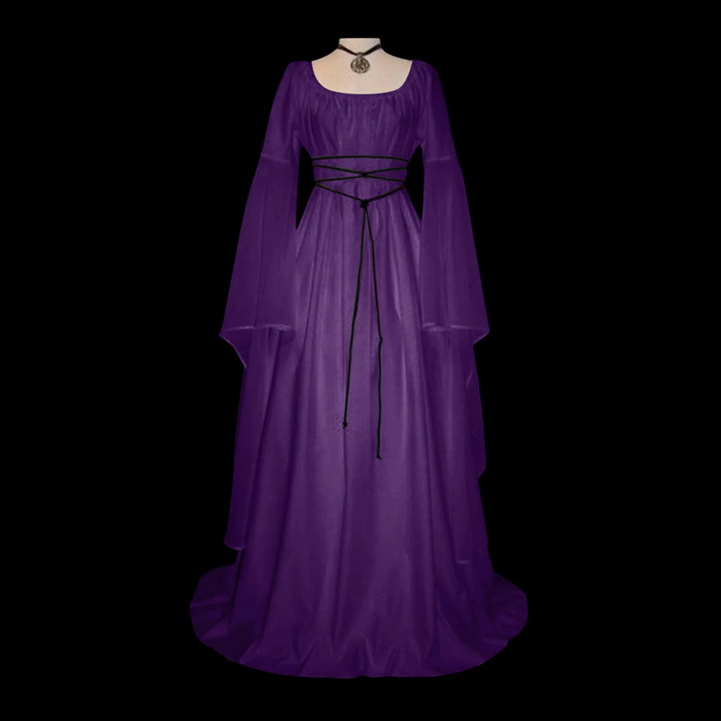 Medieval Fantasy Gothic Maxi Dress with Layered Sleeves and Romantic Elegance
