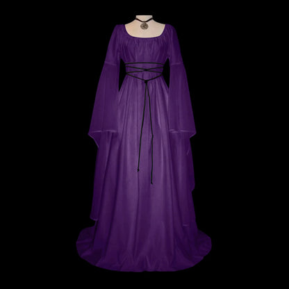Medieval Fantasy Gothic Maxi Dress with Layered Sleeves and Romantic Elegance