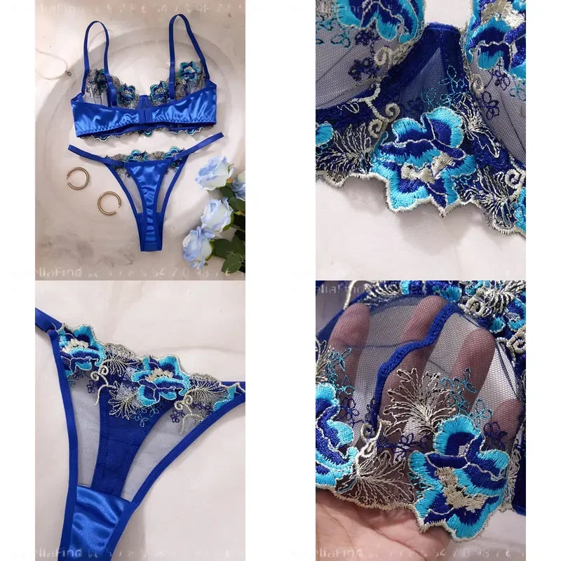 Royal Blue 3D Floral Embroidered Sheer Mesh Balconette Bra and Strappy Thong Set