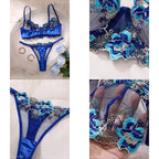 Royal Blue 3D Floral Embroidered Sheer Mesh Balconette Bra and Strappy Thong Set