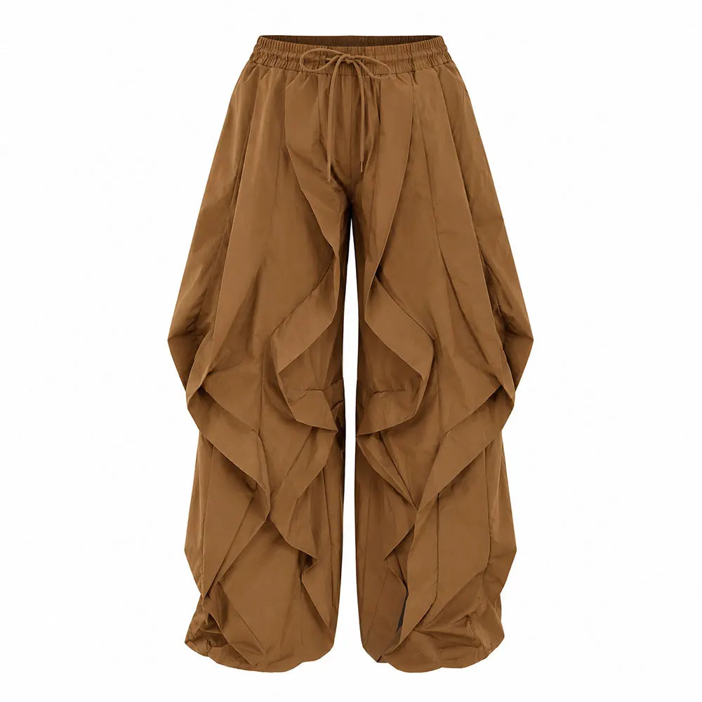 Women's High Waist Oversized Wide Leg Ruffle Detail Trousers with Drawstring Waist