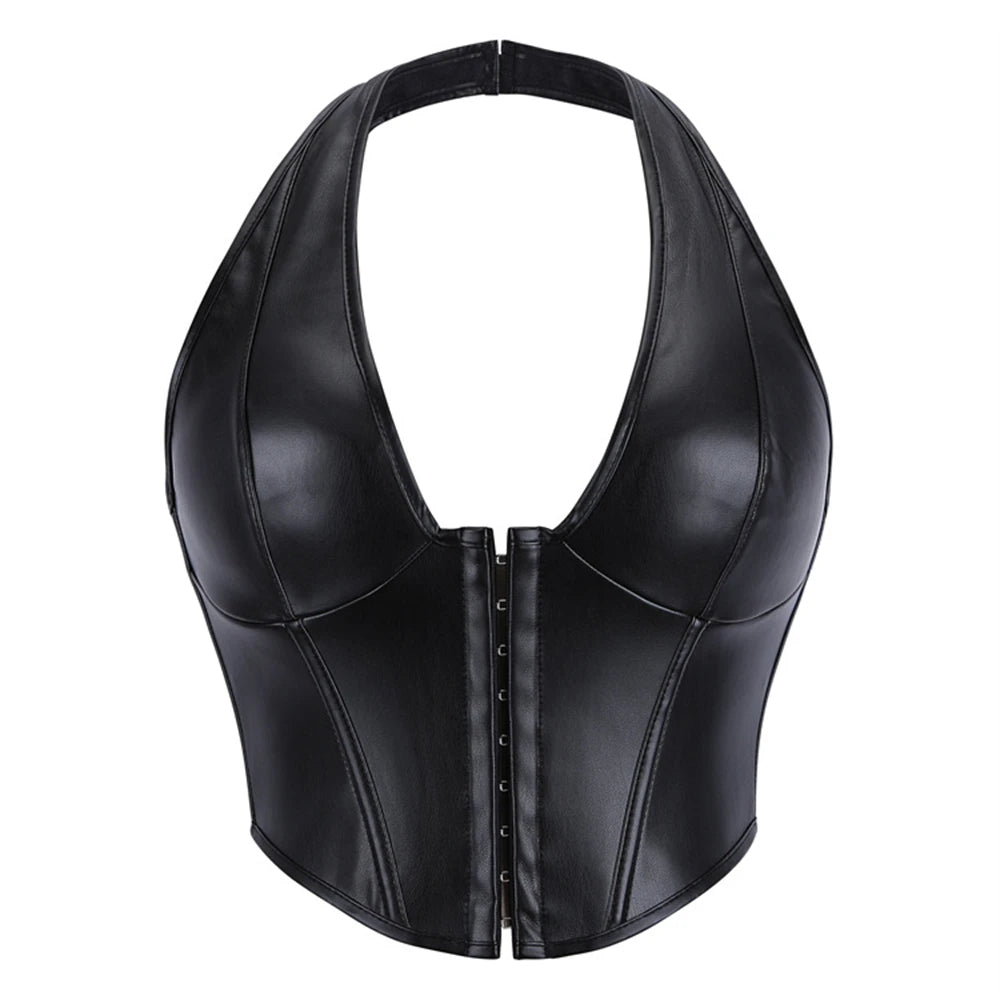 Sleek Burgundy Faux Leather Halter Vest with Front Hook Closure