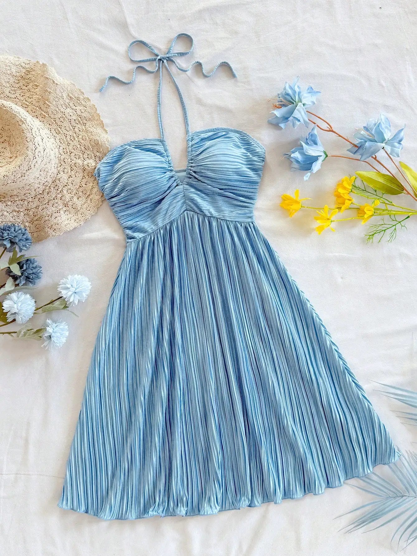 Pleated Halter Tie Mini Dress with A-Line Vacation Inspired Summer Silhouette