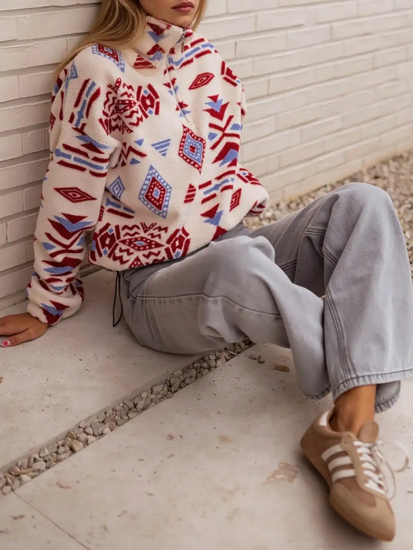 Women's Geometric Fleece Half-Zip Pullover with Relaxed Fit for Cozy Winter Style
