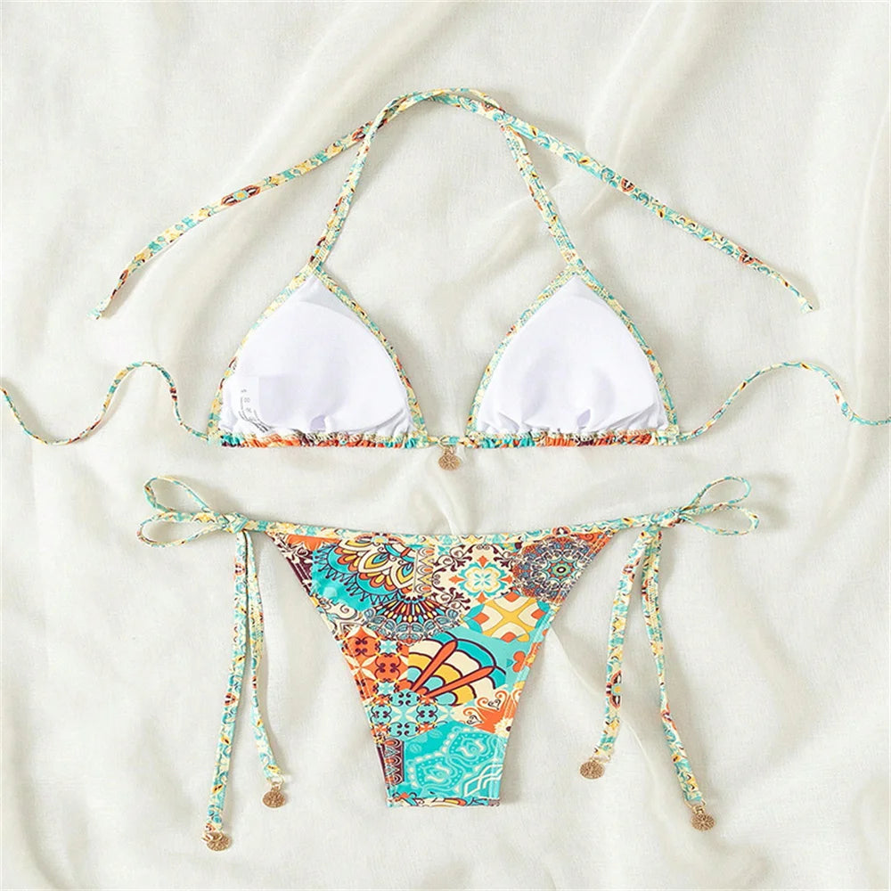 Bohemian Paisley Print String Bikini with Beaded Tie Details