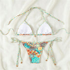 Bohemian Paisley Print String Bikini with Beaded Tie Details