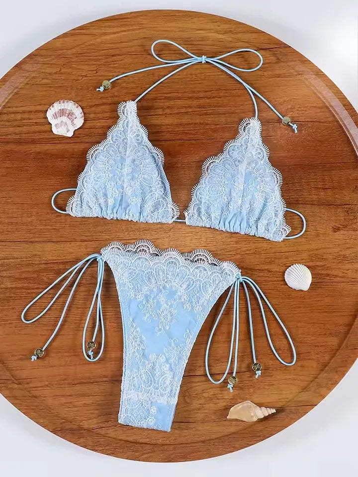 Romantic Blush Pink Lace-Textured Triangle String Bikini with Ruffled Trim