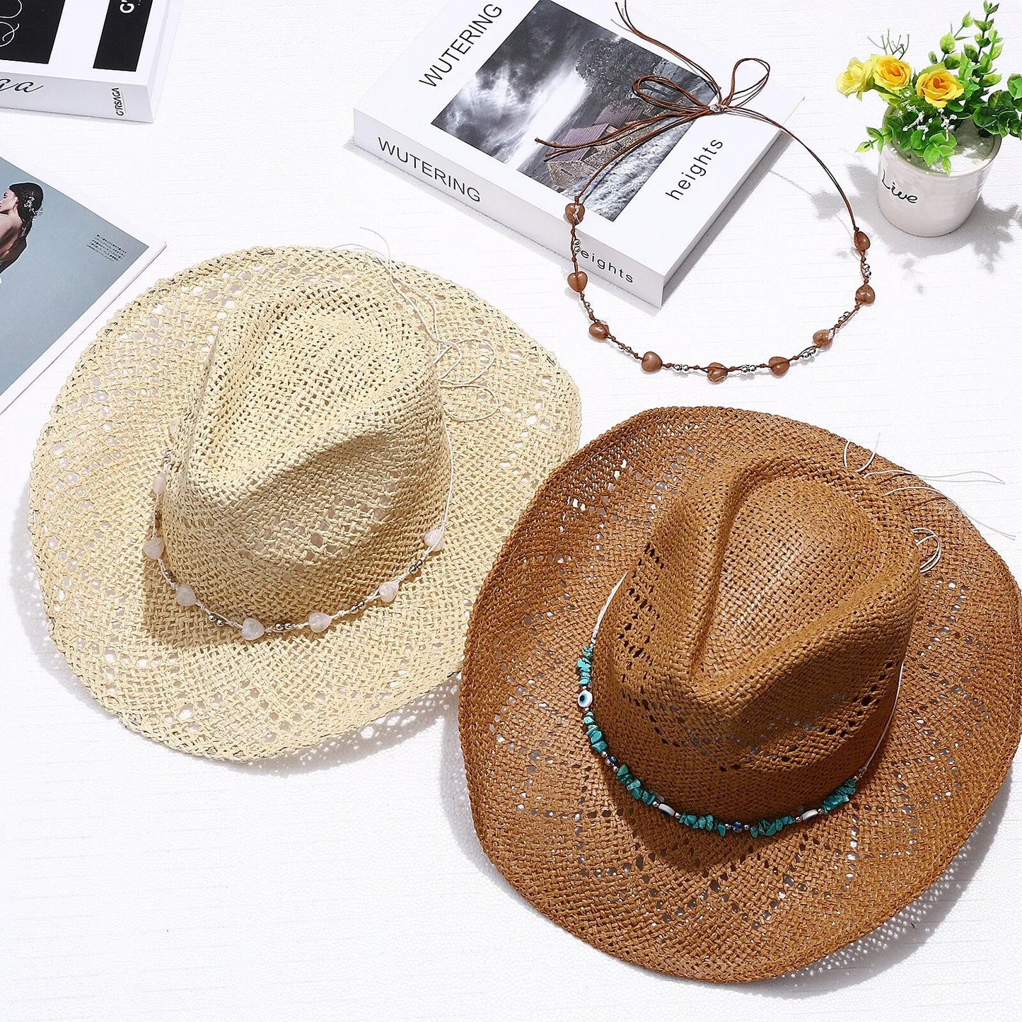 Women's Wide Brim Straw Cowgirl Hat with Decorative Beaded Band for Summer Outdoor Wear