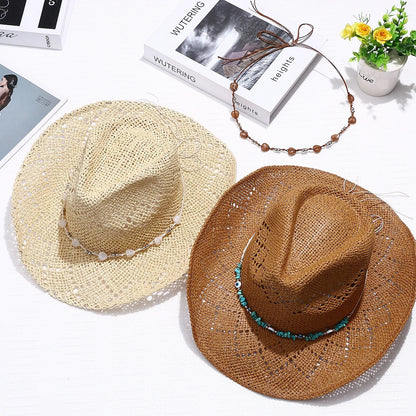 Women's Wide Brim Straw Cowgirl Hat with Decorative Beaded Band for Summer Outdoor Wear