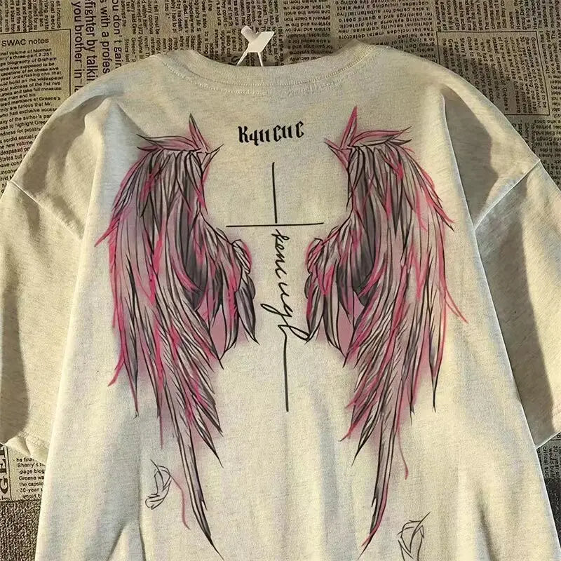 Oversized Wing Graphic Cotton T-Shirt with Vintage High Street Streetwear Design