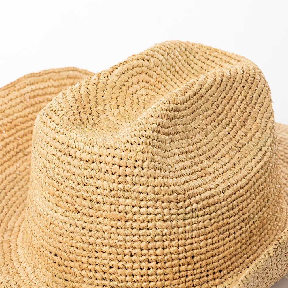 Unisex Handwoven Raffia Cowboy Hat with Wide Brim for Beach and Outdoor Summer Style