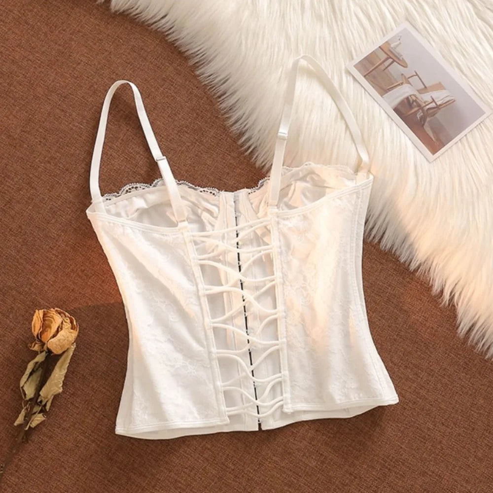 Romantic White Sheer Lace Camisole with Delicate Straps and Front Lacing