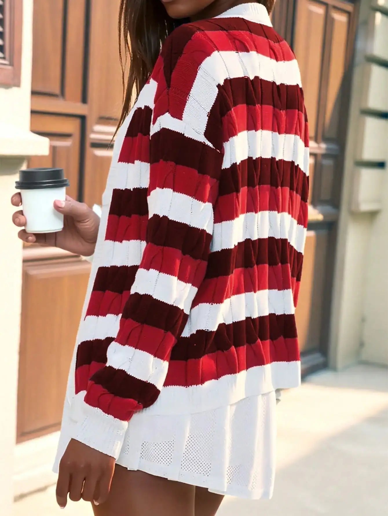 Women's Striped Open Front Knit Cardigan with Relaxed Long Sleeve Fit
