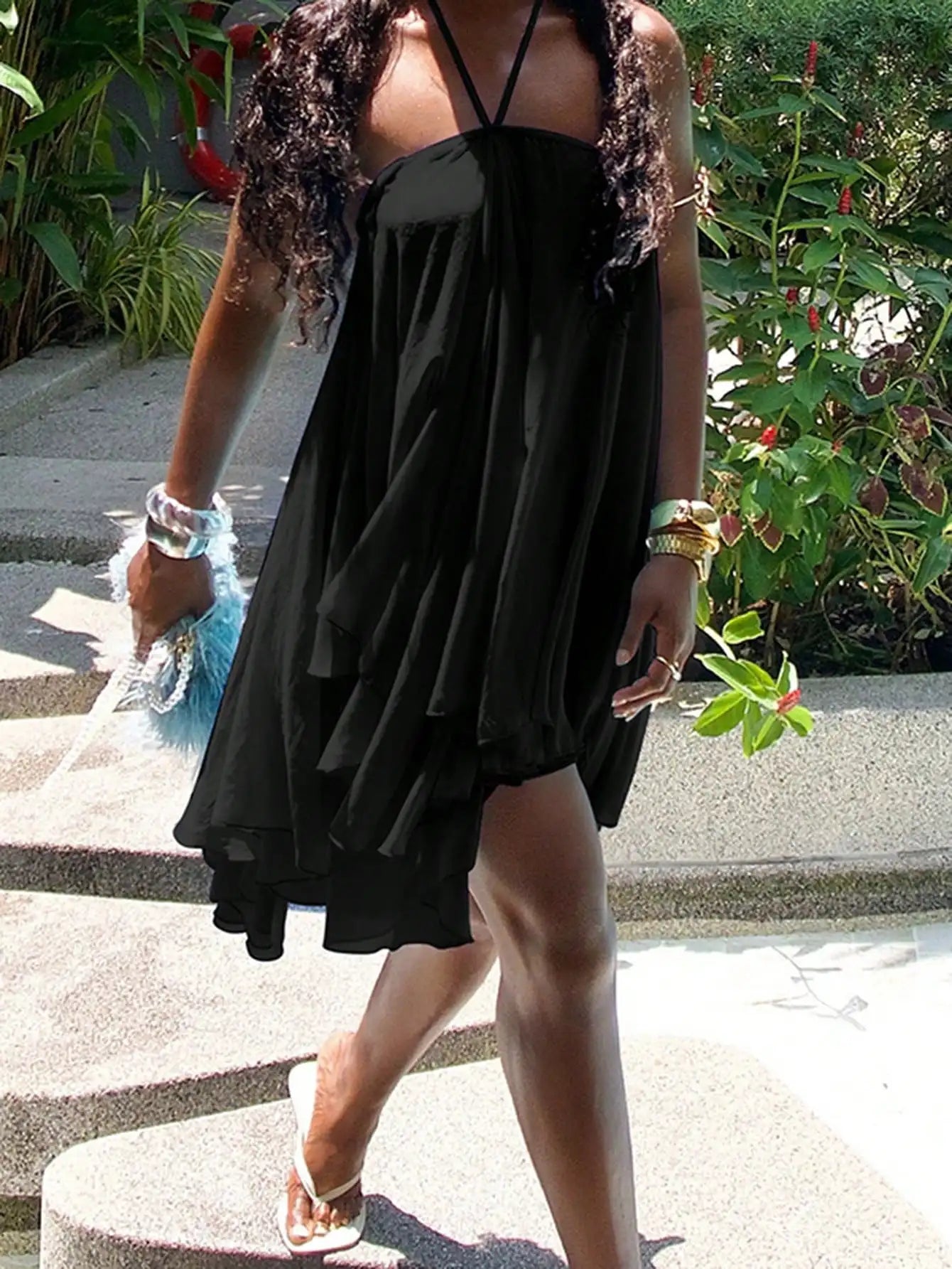 Asymmetrical Halter Mini Dress with Flowy Tiered Hem Contemporary Summer Style