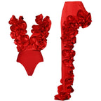 Crimson Red Plunge Swimwear Set with Dramatic 3D Floral Embellishments