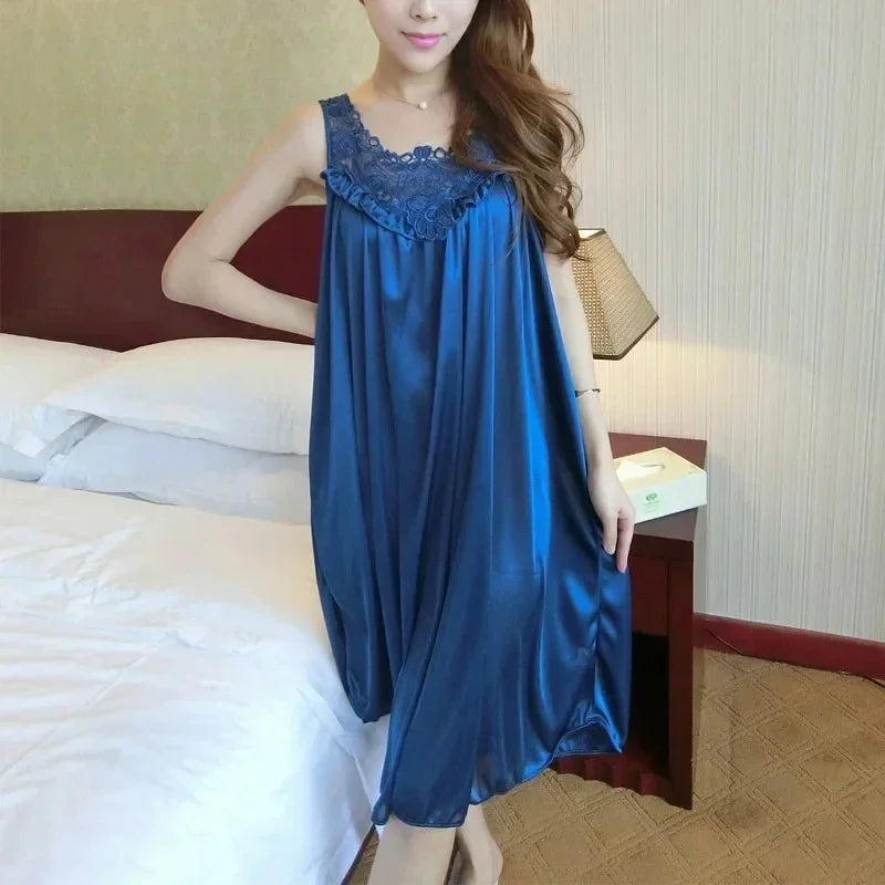 Women's Ice Silk Satin-Look Lace Nightgown, Sleeveless Square-Neck Mini Slip Dress, Lightweight Summer Sleepwear and Loungewear