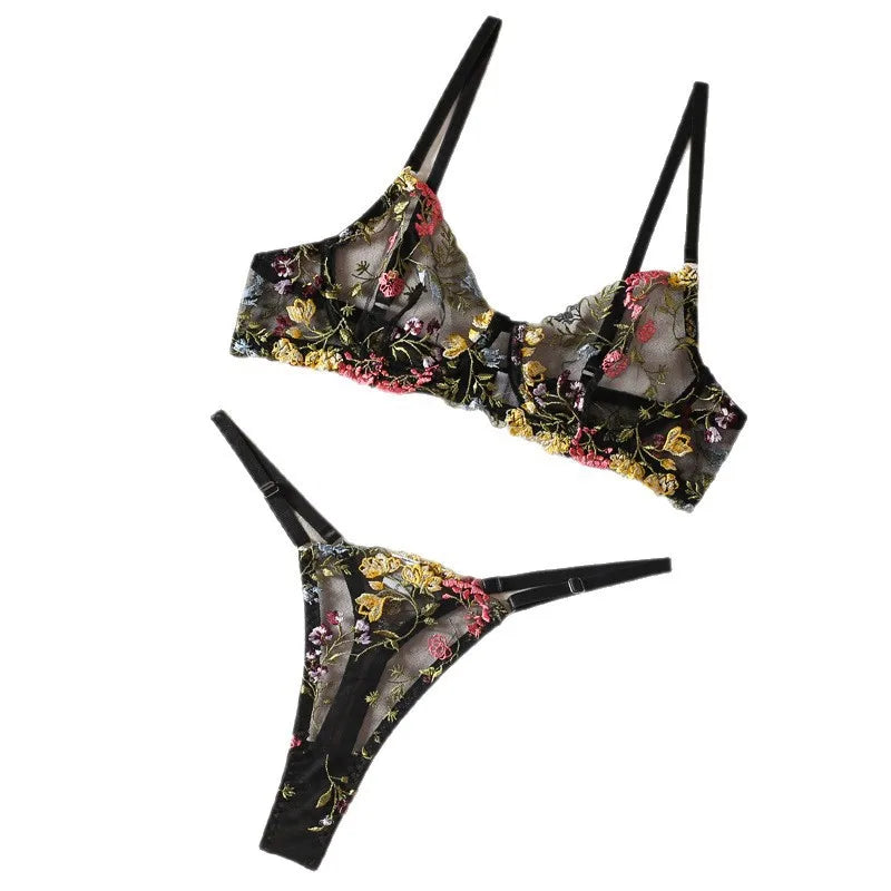 Vibrant Orange Sheer Mesh and Floral Embroidered Underwire Lingerie Set