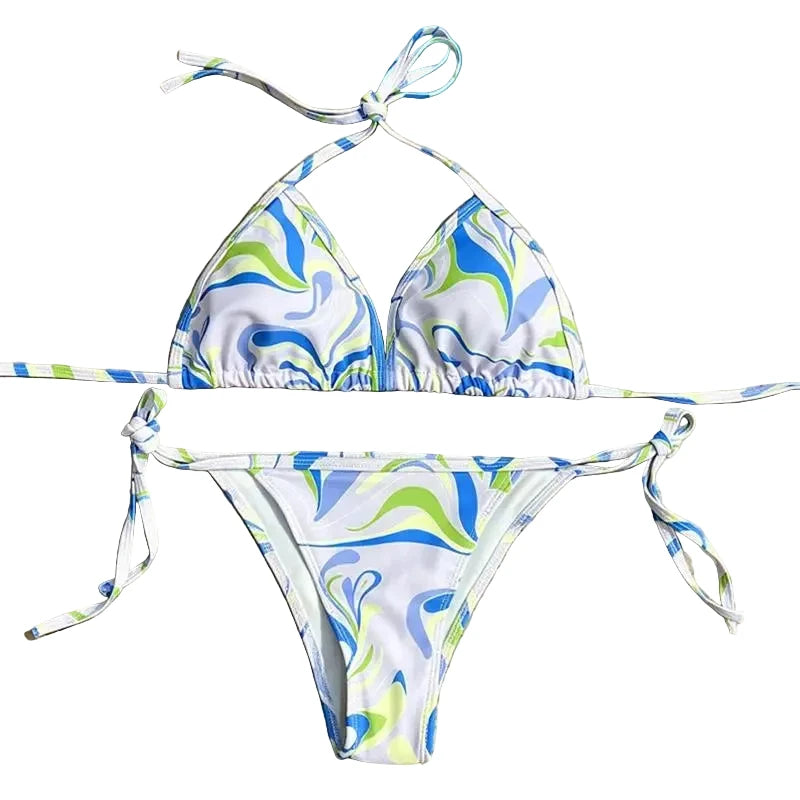 Blue and Green Abstract Swirl Print Triangle String Bikini