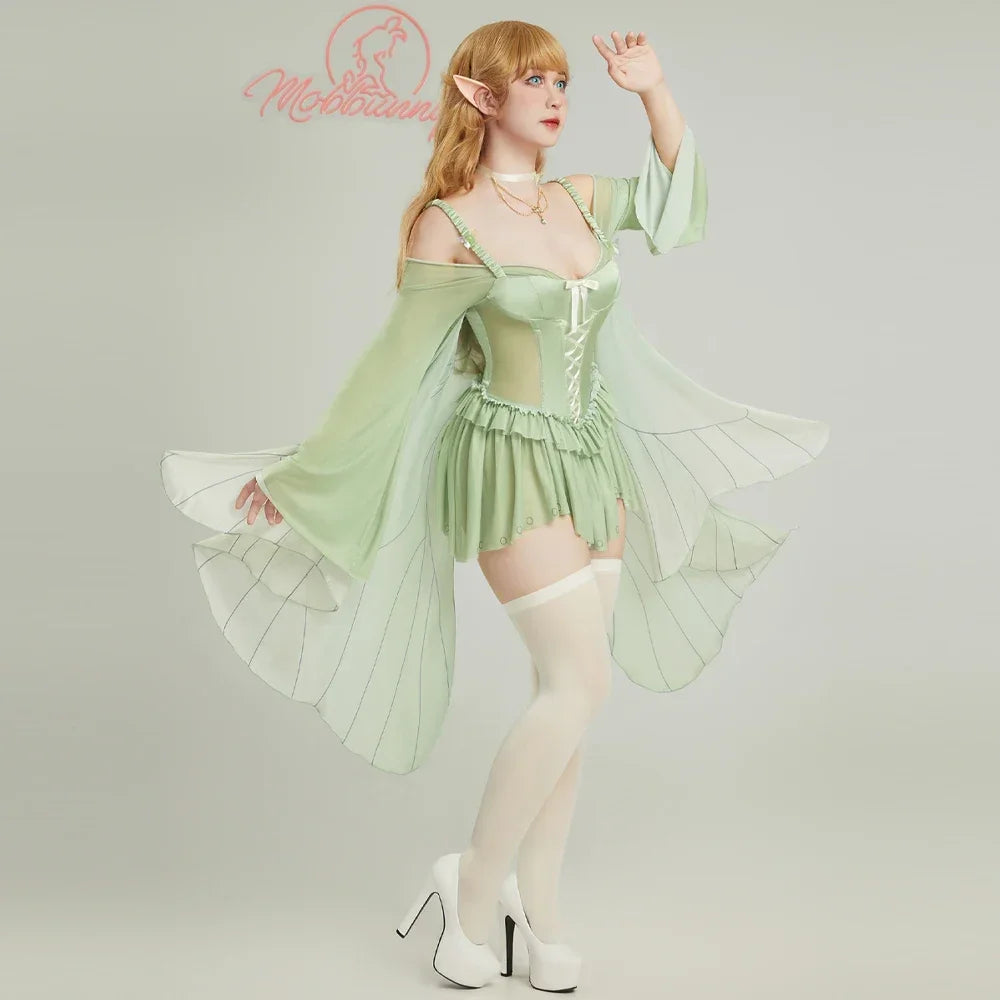 Women's Fairy-Inspired Ruffle Bodysuit with Flowing Chiffon Sleeves, Necklace and Matching Stockings