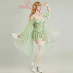 Women's Fairy-Inspired Ruffle Bodysuit with Flowing Chiffon Sleeves, Necklace and Matching Stockings