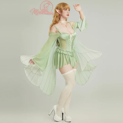 Women's Fairy-Inspired Ruffle Bodysuit with Flowing Chiffon Sleeves, Necklace and Matching Stockings