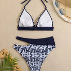 Geometric Pattern High-Waisted Bikini with Solid Navy Contrast Banding