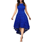 Royal Blue Floral Lace Overlay Dress with Sleeveless Cut and Asymmetrical High-Low Hem