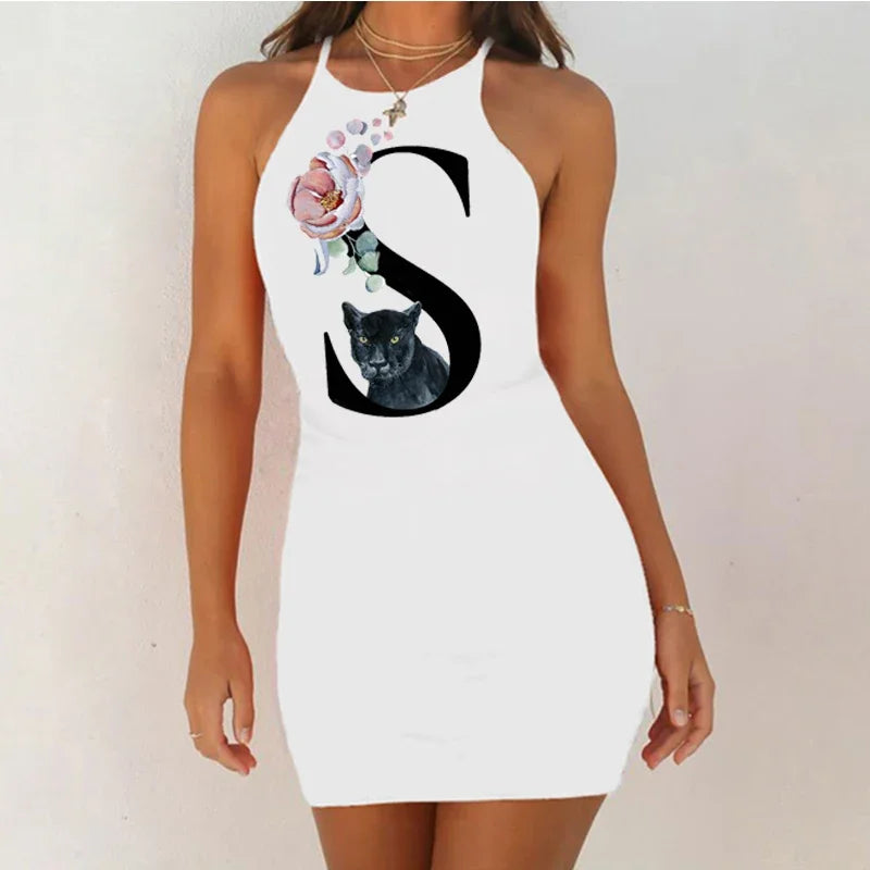 White Sleeveless Mini Nightgown with Bold Black Letter and Graphic Print, Slim Silhouette and Above-Knee Length