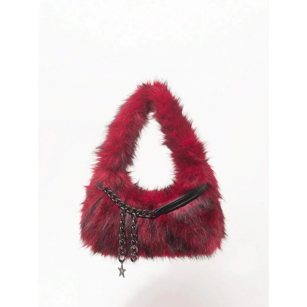 Faux Fur Hobo Shoulder Bag with Chain Detail Y2K Inspired Styling