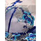 Royal Blue 3D Floral Embroidered Sheer Mesh Balconette Bra and Strappy Thong Set