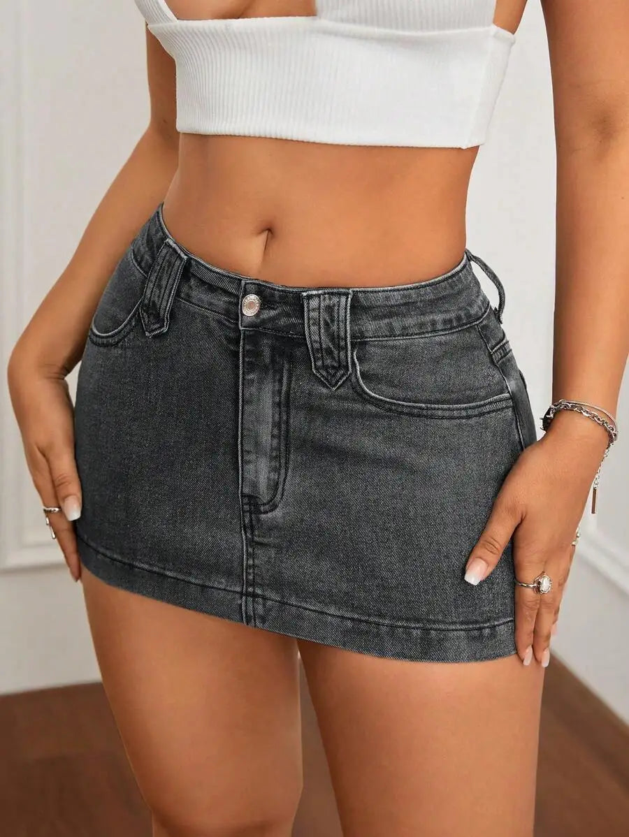 Washed Denim Bodycon Mini Skirt with Front Pockets and Slim Fit