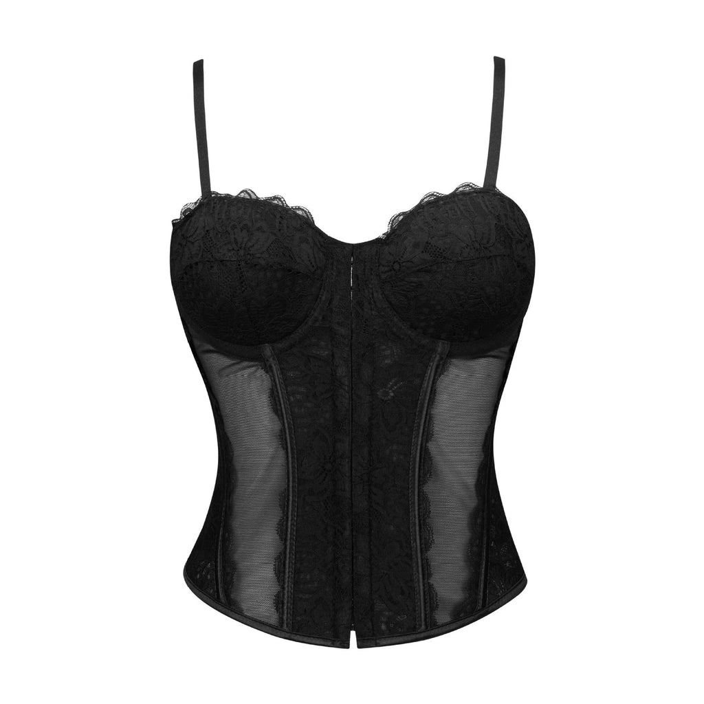 Crimson Red Lace and Sheer Mesh Bustier with Front Hook Closure