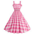 Vintage-Inspired Pink Polka Dot A-Line Dress with Ruffled Straps and Smocked Bodice