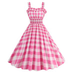 Vintage-Inspired Pink Polka Dot A-Line Dress with Ruffled Straps and Smocked Bodice