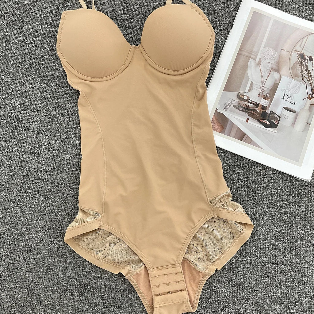 V-Neck Seamless-Looking Bodysuit with Built-In Molded Cups and Adjustable Straps