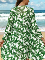 Green Tropical Leaf Print Long-Sleeve Beach Cover-Up Shirt with V-Neck, Button-Down Front and Lightweight Resort Styling