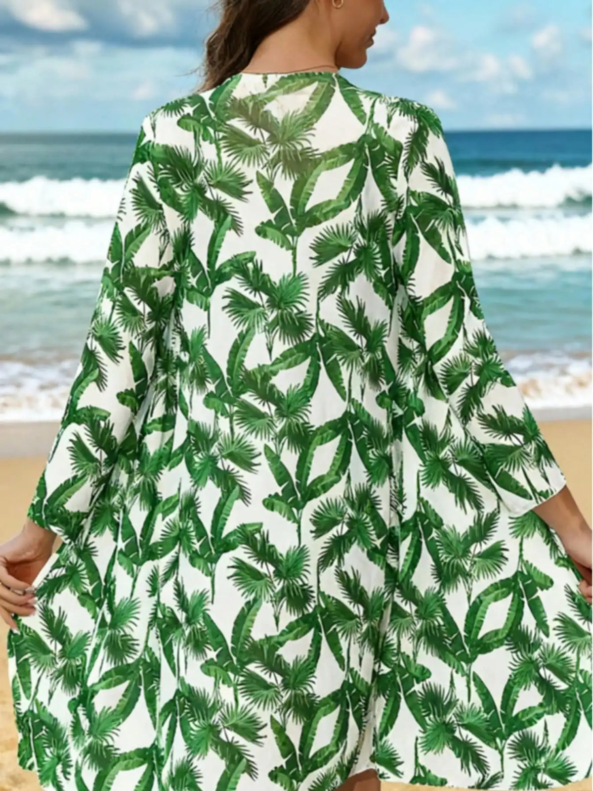 Green Tropical Leaf Print Long-Sleeve Beach Cover-Up Shirt with V-Neck, Button-Down Front and Lightweight Resort Styling