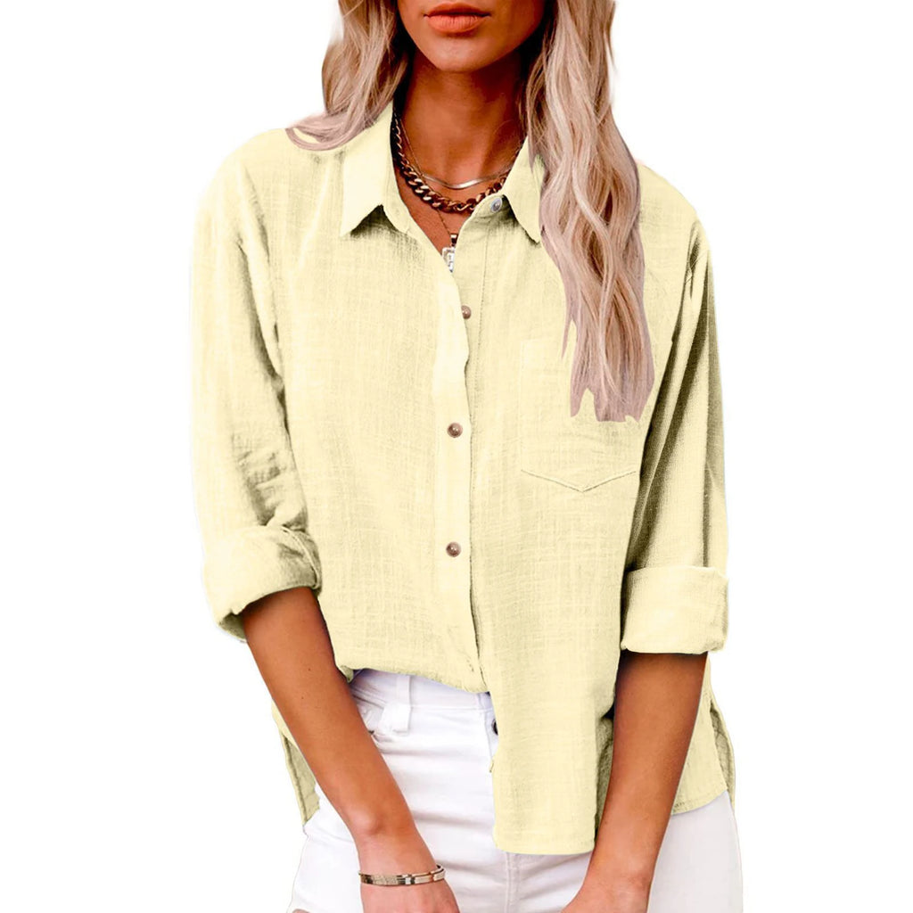 Relaxed Linen-Textured Button-Down Shirt with Roll-Tab Sleeves and Chest Pocket