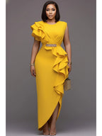Striking Asymmetrical Ruffle Bodycon Dress with Side Split Detail