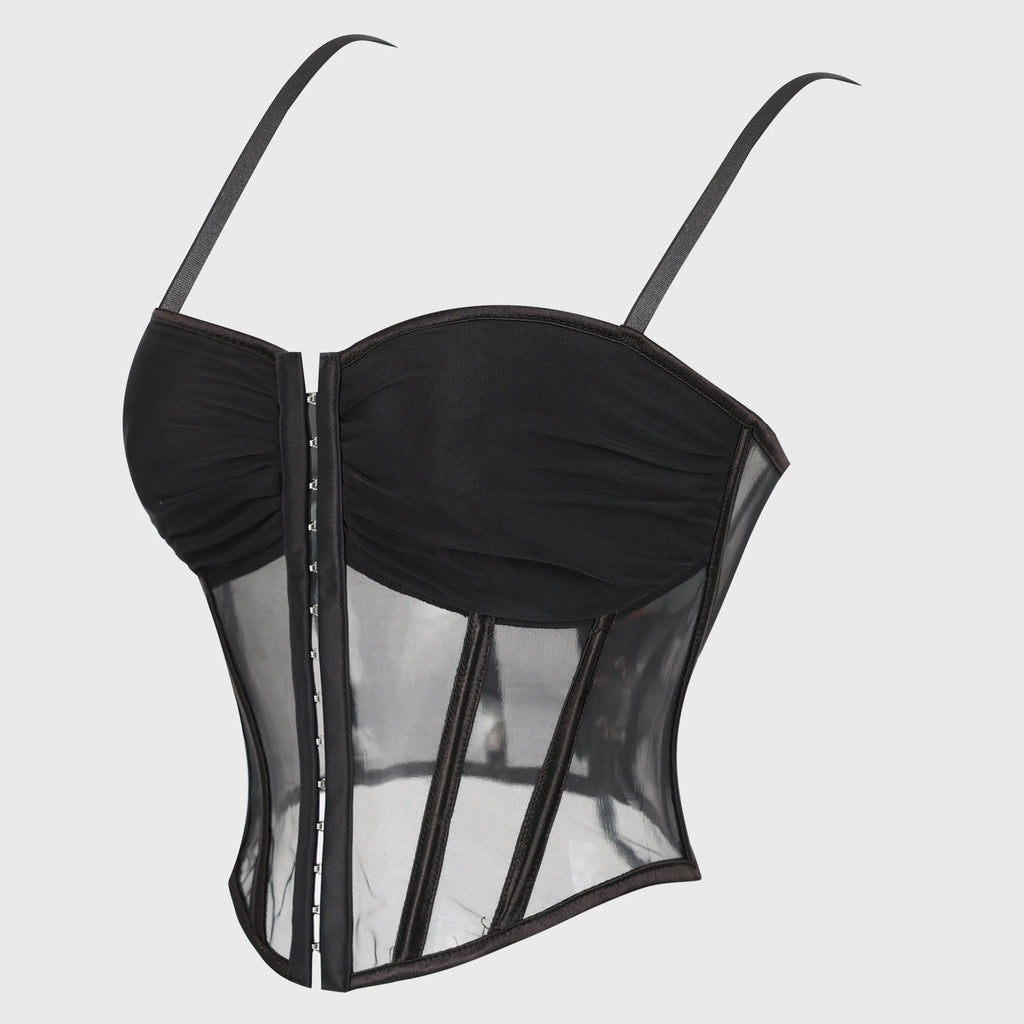 Modern Black Sheer Mesh Bustier with Ruched Cups and Front Hook Closure