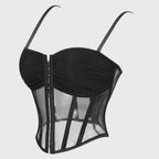 Modern Black Sheer Mesh Bustier with Ruched Cups and Front Hook Closure