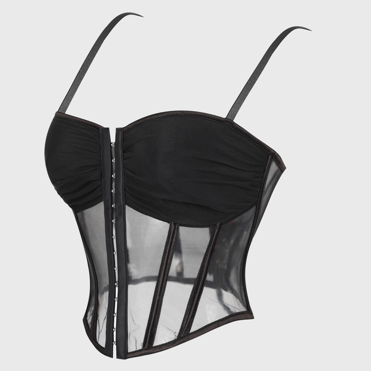 Modern Black Sheer Mesh Bustier with Ruched Cups and Front Hook Closure
