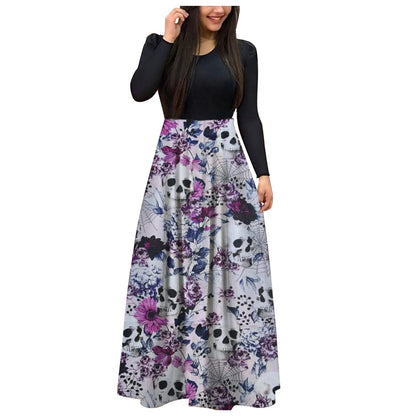 Dark Romantic Skull and Floral Gothic Maxi Dress with Elegant Fit