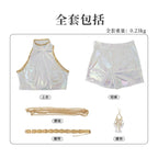 Iridescent Metallic Crop Top and Mini Skirt Set with Gold Fringe Detailing